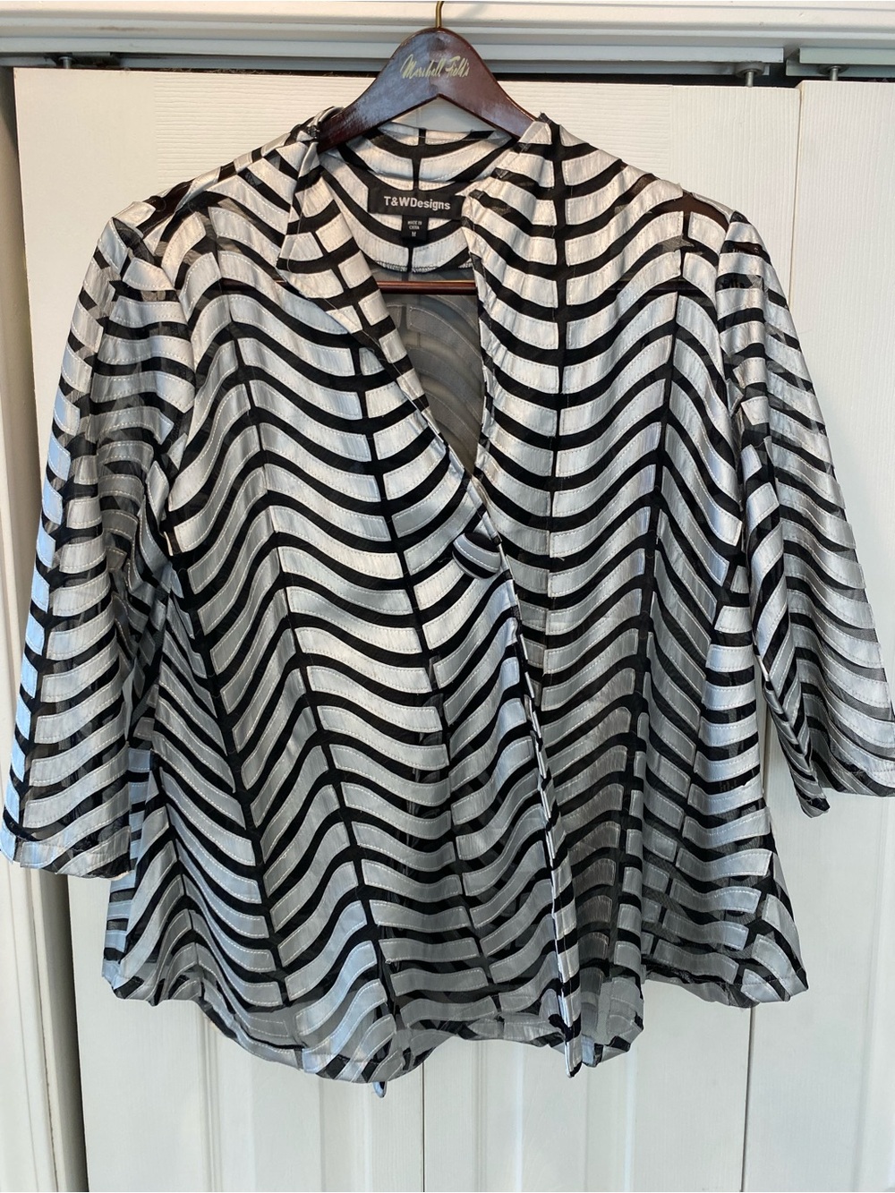 T&J Designs Black and Silver Wave-Stripe Wrap jacket/cardigan